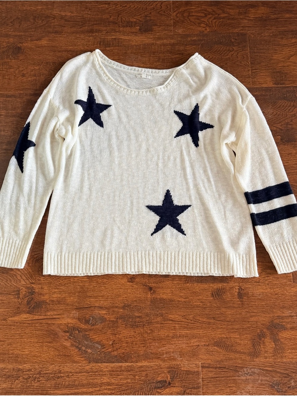 Maurices Cream Knit Sweater with Navy Blue Stars Stripes